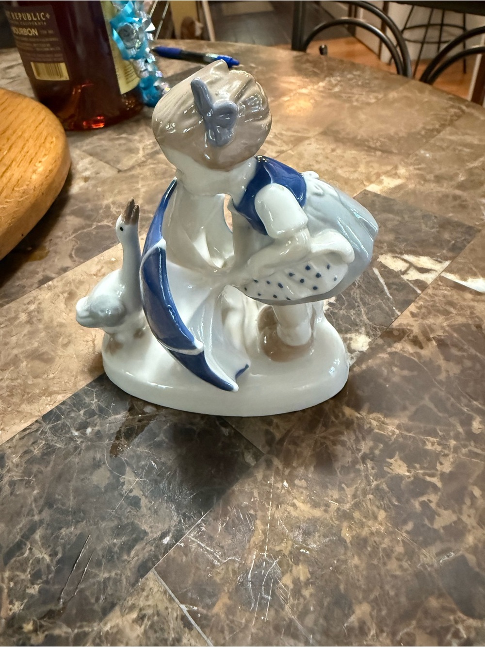 Vintage 1959 Hand Painted Porcelain Girl with Blue Umbrella & Goose Figurine 5”